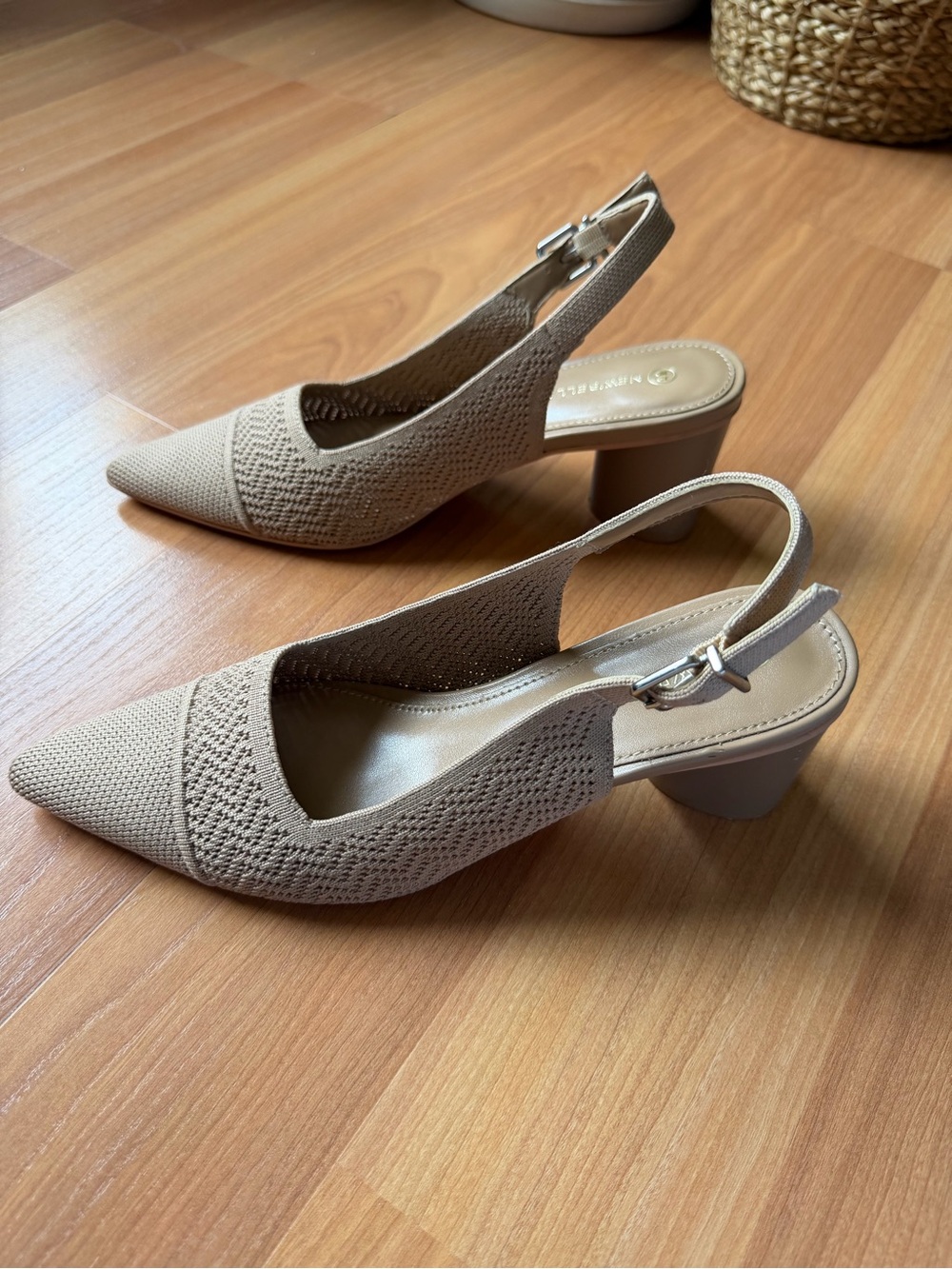 NEWBELLA Pointed Toe Slingback Block Heel Pumps Beige Size 6.5